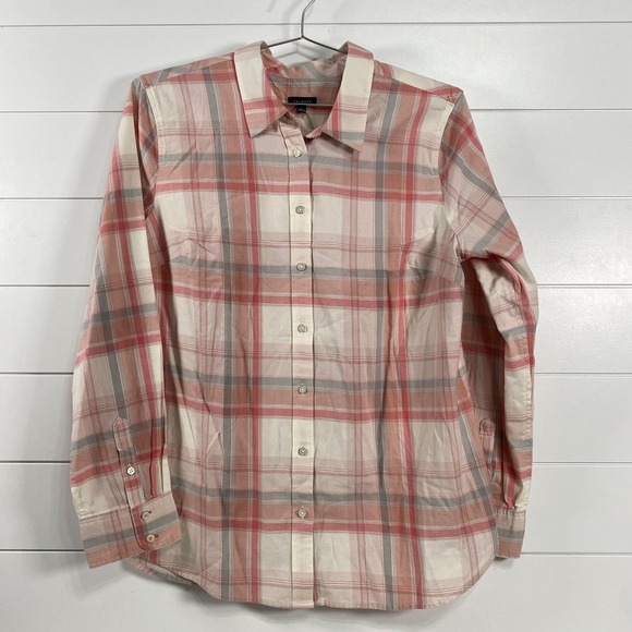 Talbots Shirt Womens Large Pink Gray Plaid Button Down Long Sleeve Collared - Picture 1 of 11